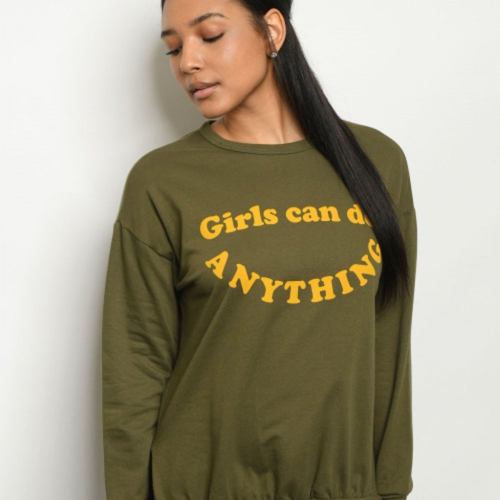 New Junior's Cute Boutique Graphic Olive green top